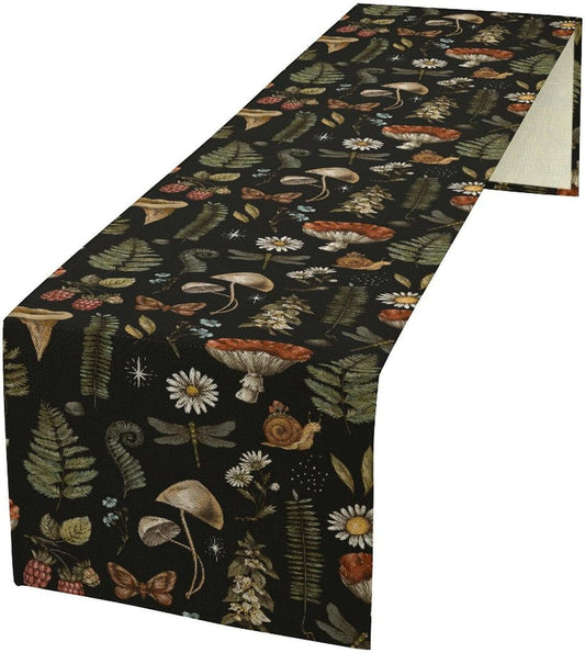 Mushroom Table Runner,Retro Forest Plant Table Runner for Kitchen Dining Table Home Party Decoration 13x60 Inch