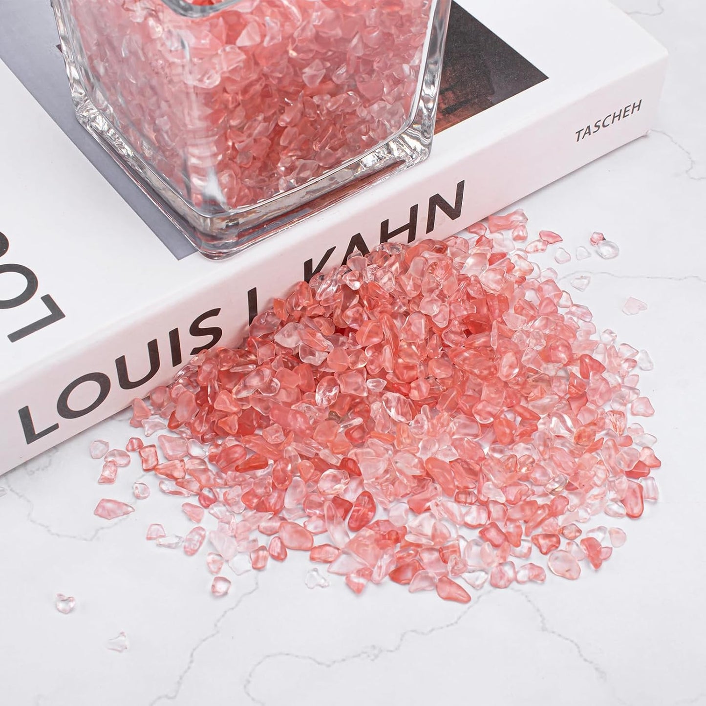 0.5 Lb/230g Watermelon Red Crushed Stone Crystal Chips Bulk, Tumbled Healing Crystal Chips Natural Gemstones Crushed Stones Decorative Vase Fillers Aquarium Gravel Rocks, 5-7mm