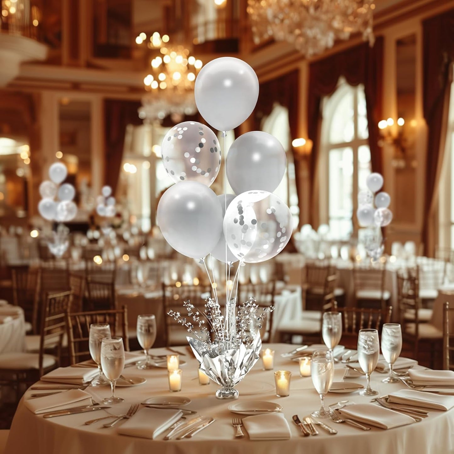 4 Set Silver Balloon Centerpieces for Tables with Balloon Stand Kit Perfect for Parties Birthday Baby Showers 50th Anniversary Party Decorations