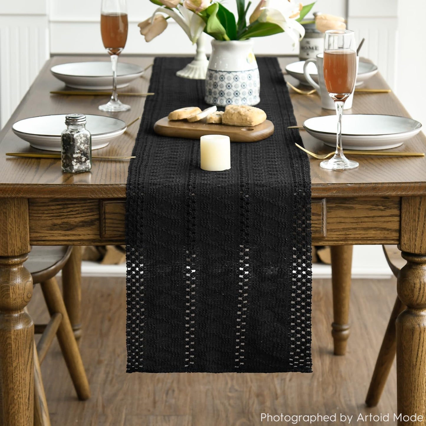 Artoid Mode Black Farmhouse Woven Rustic Hollow Table Runner, Seasonal Holiday Hollow Kitchen Dining Table Decoration for Home Party Decor 12x120 Inch