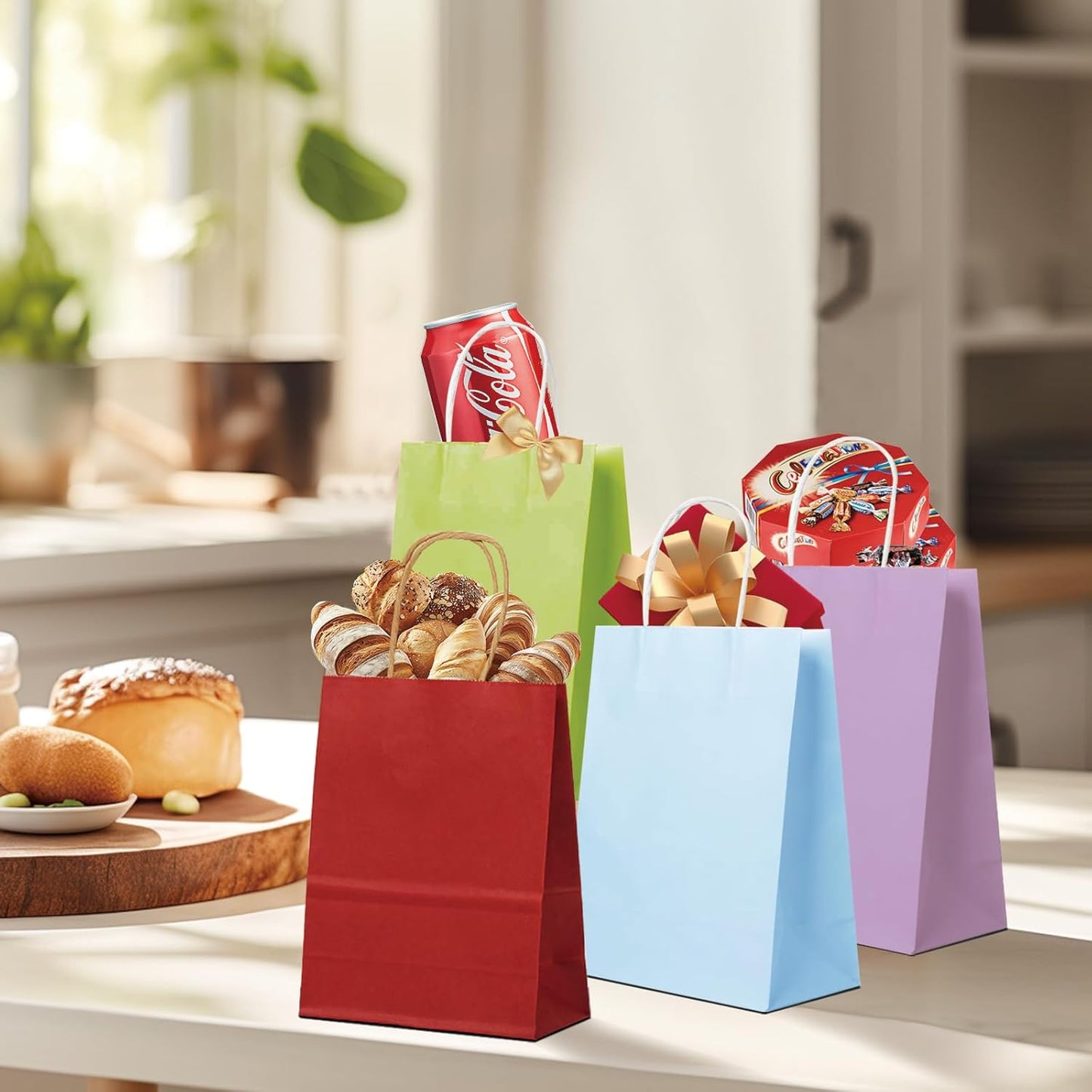 BAG BOX 50 Pack Small 5.9x3.1x8.25 Inch Blue Kraft Paper Gift Bags with Handles for Bulk Shopping, Retail, Craft, Party Favors, Wedding, Grocery & Sacks