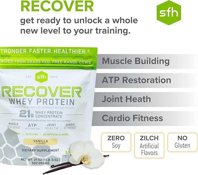 SFH Recover Whey Protein Powder (Vanilla) Great Tasting Grass Fed Whey for Post Workout | All Natural | No Soy, No Gluten, No RBST, No Artificial Flavors (20 Serving Bag)