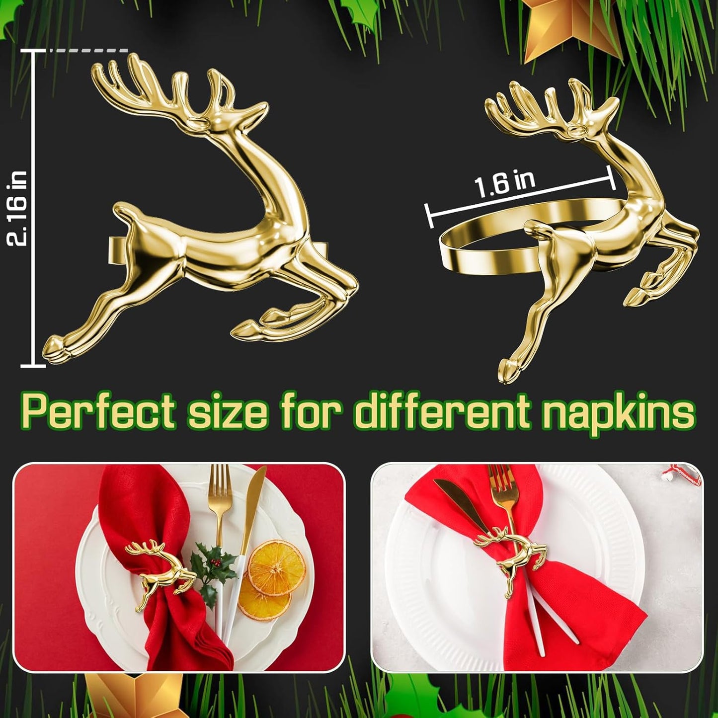 ZeeDix Gold Reindeer Christmas Napkin Rings Set of 6, Napkin Holder Ring for Christmas Dinner Table Decor Cloth Napkins, Wedding Receptions, Holiday Party, Banquet and Home Kitchen