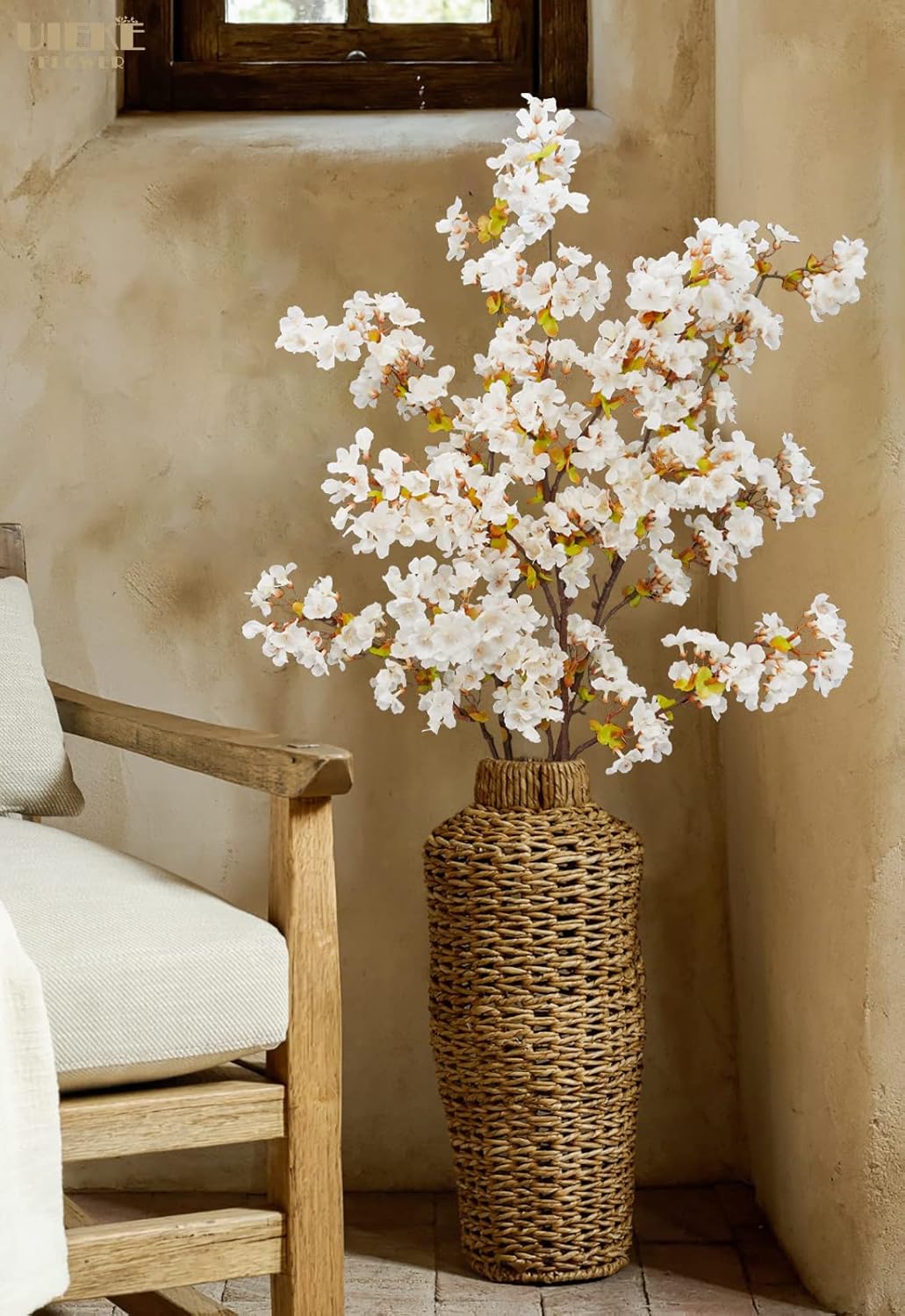 Uieke Silk Cherry Blossom Branches, 39.3in Artificial Cherry Blossom Tree Stems, Fake Plum Blossom Flowers Arrangement for Wedding Home Japanese Decor, Set of 3, White