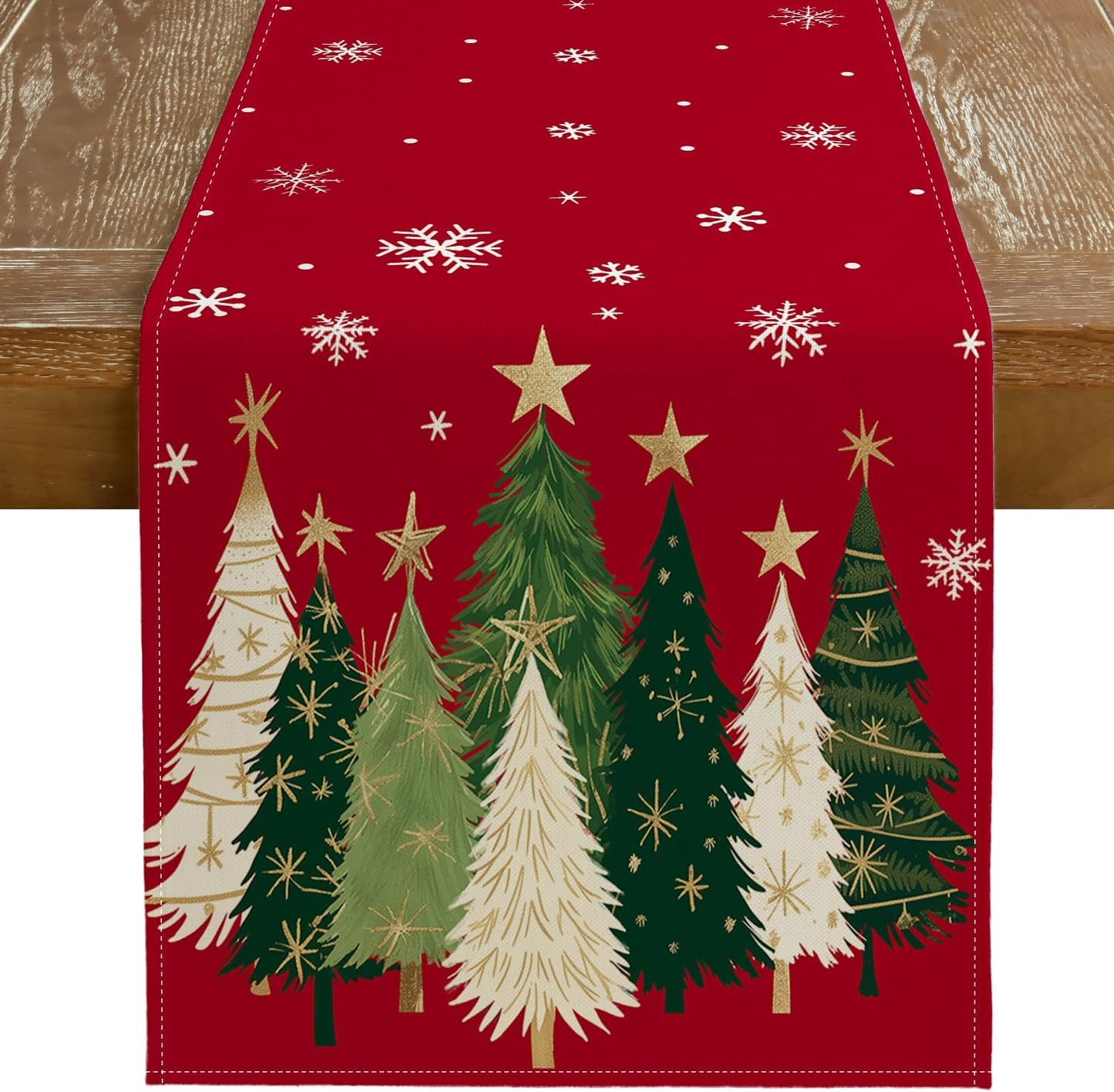 GEEORY Christmas Table Runner 13x36 Inch, Xmas Trees Snowflakes Holiday Decorative Farmhouse Table Decoration for Kitchen Dinning, Indoor Outdoor Dinner Party Decor (Red) GT150-36