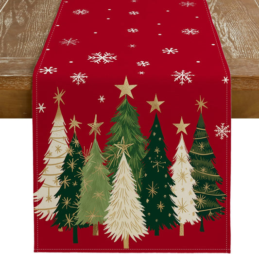 GEEORY Christmas Table Runner 13x36 Inch, Xmas Trees Snowflakes Holiday Decorative Farmhouse Table Decoration for Kitchen Dinning, Indoor Outdoor Dinner Party Decor (Red) GT150-36