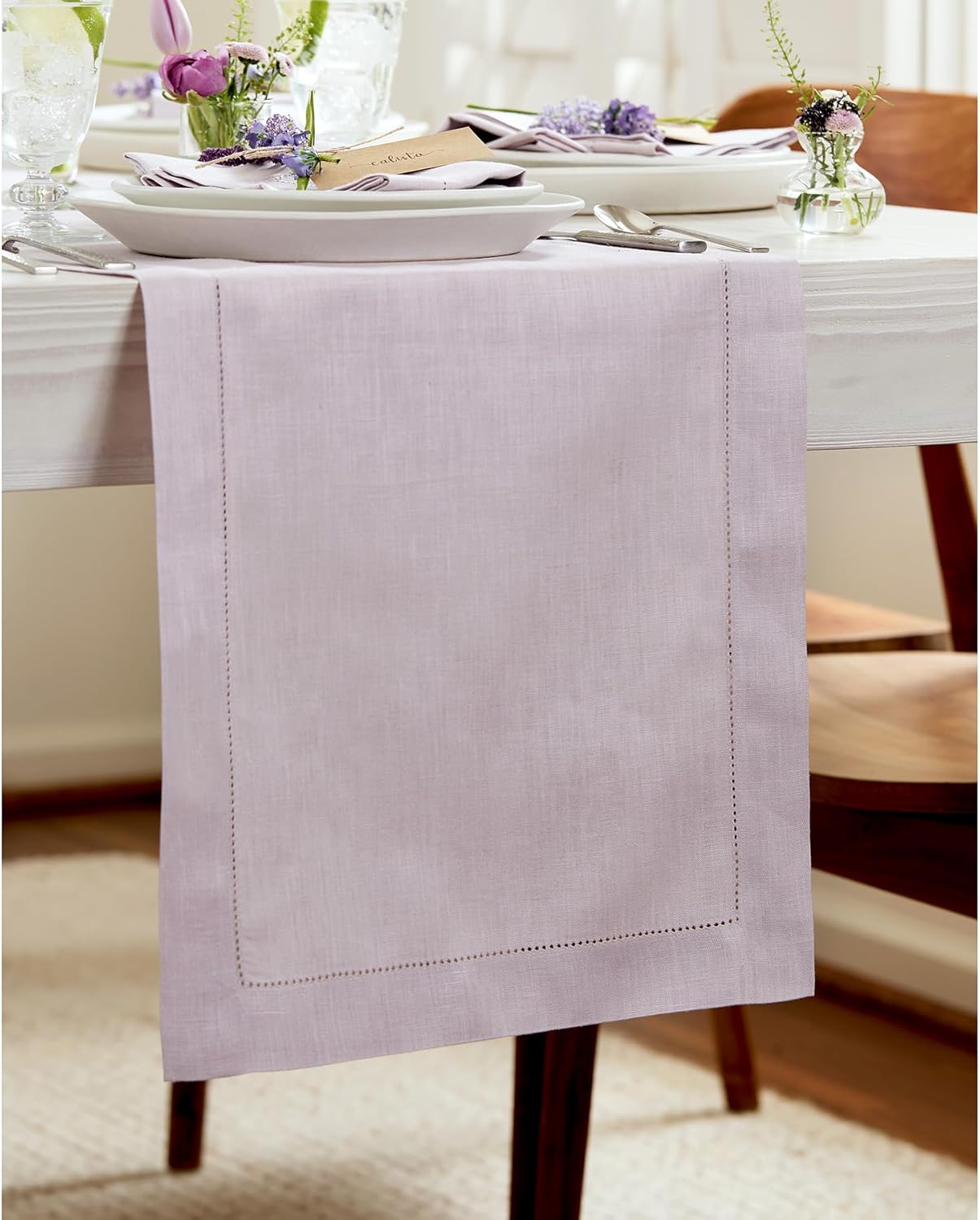 Solino Home Linen Lilac Table Runner 120 Inches Long - 100% Pure Linen Hemstitch 14 x 120 Inch Table Runner for Dining, Fall, Autumn, Thanksgiving, Christmas - Classic Hemstitch