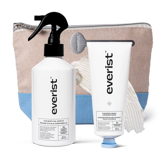 Everist The Hydrating Body Ritual Set, 3.4 fl. oz Body Wash Concentrate & 6.09 fl. oz Post Shower Body Spritz in Jute Travel Bag, Cleansing & Hydrating For All Skin Types