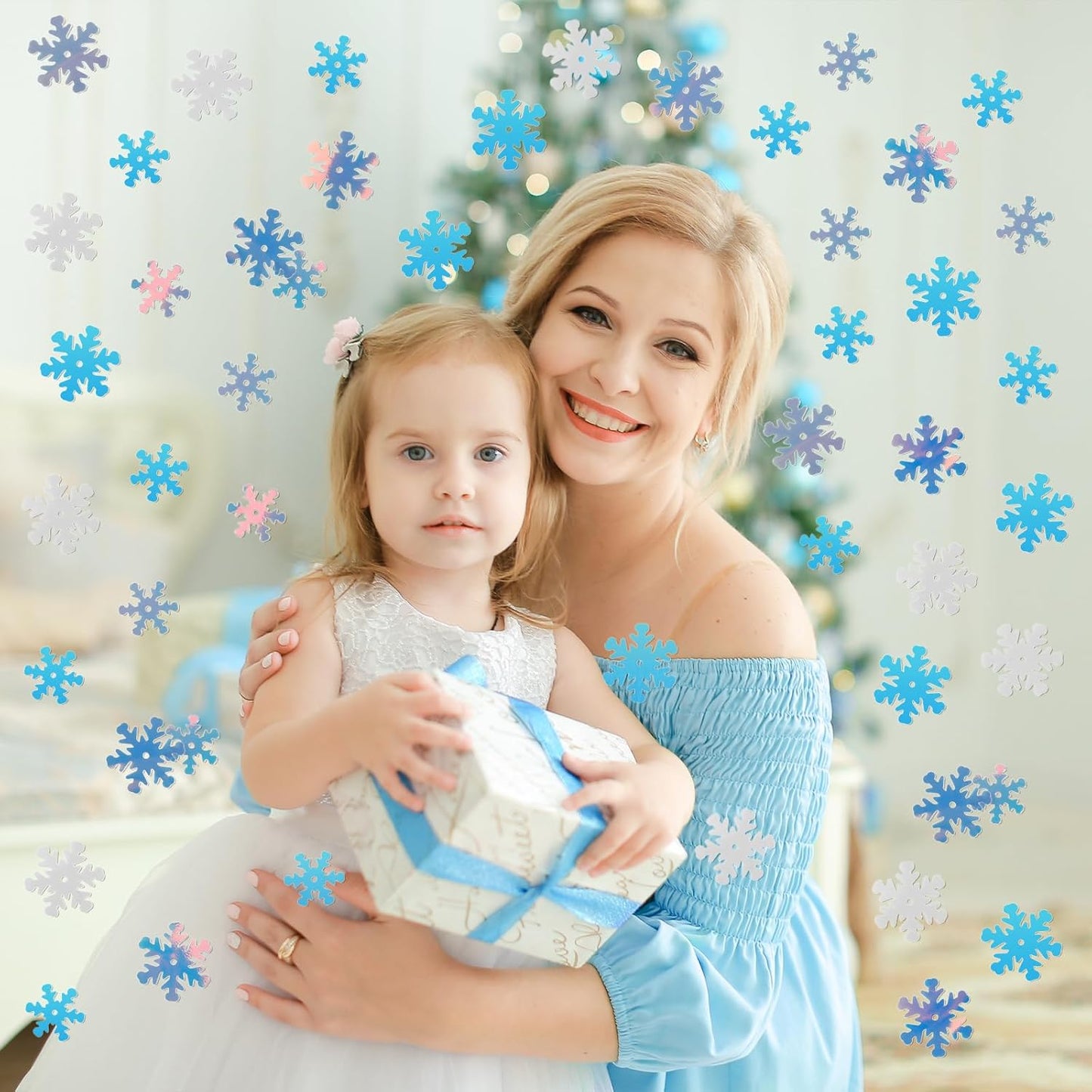 MARFOREVER Snowflakes Glitter Confetti, Christmas Sparkly Clear and White Snowflake Scatter Mixed Size Winter Party Sprinkles Winter Wonderland Frozen Decorations