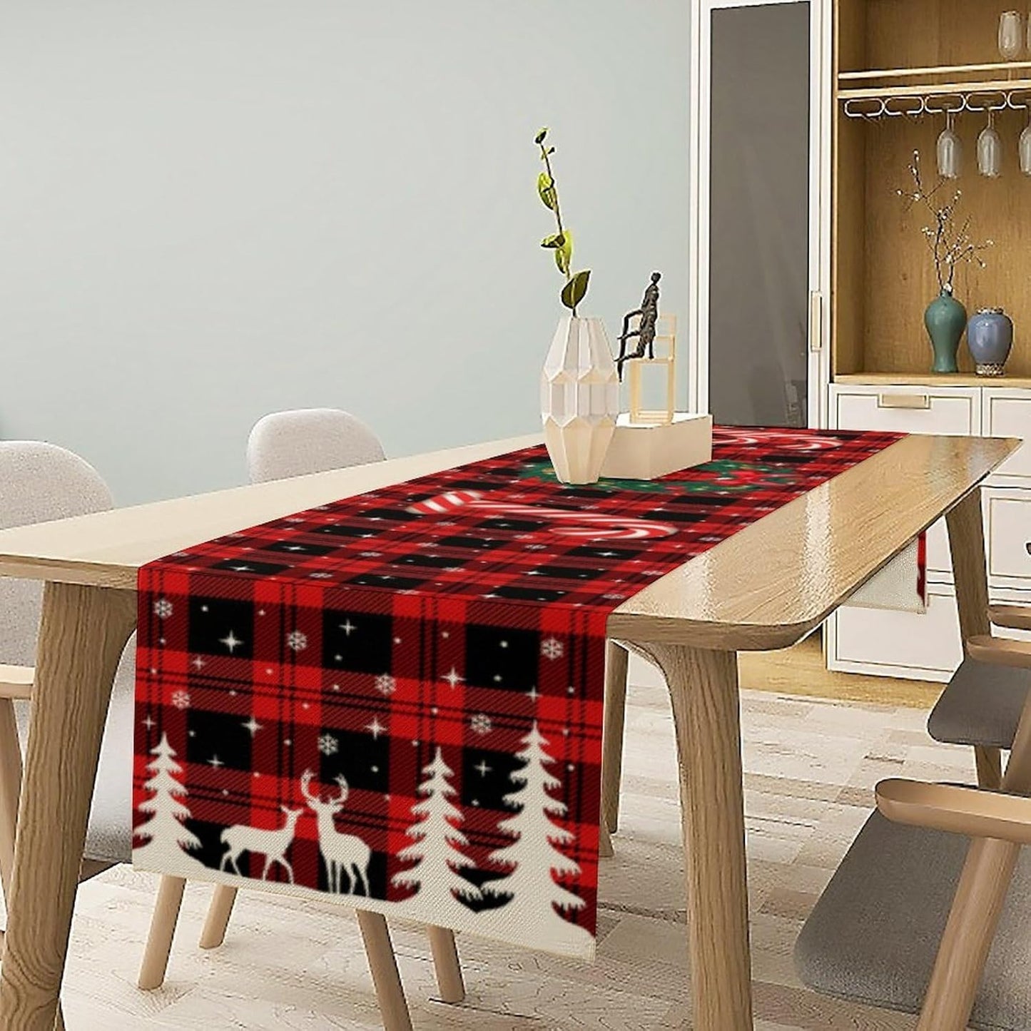 Christmas Table Runner, Red Winter Xmas Holiday Table Cloth Kitchen Dining Table Decoration for Home Party Decor 13x70 Inch