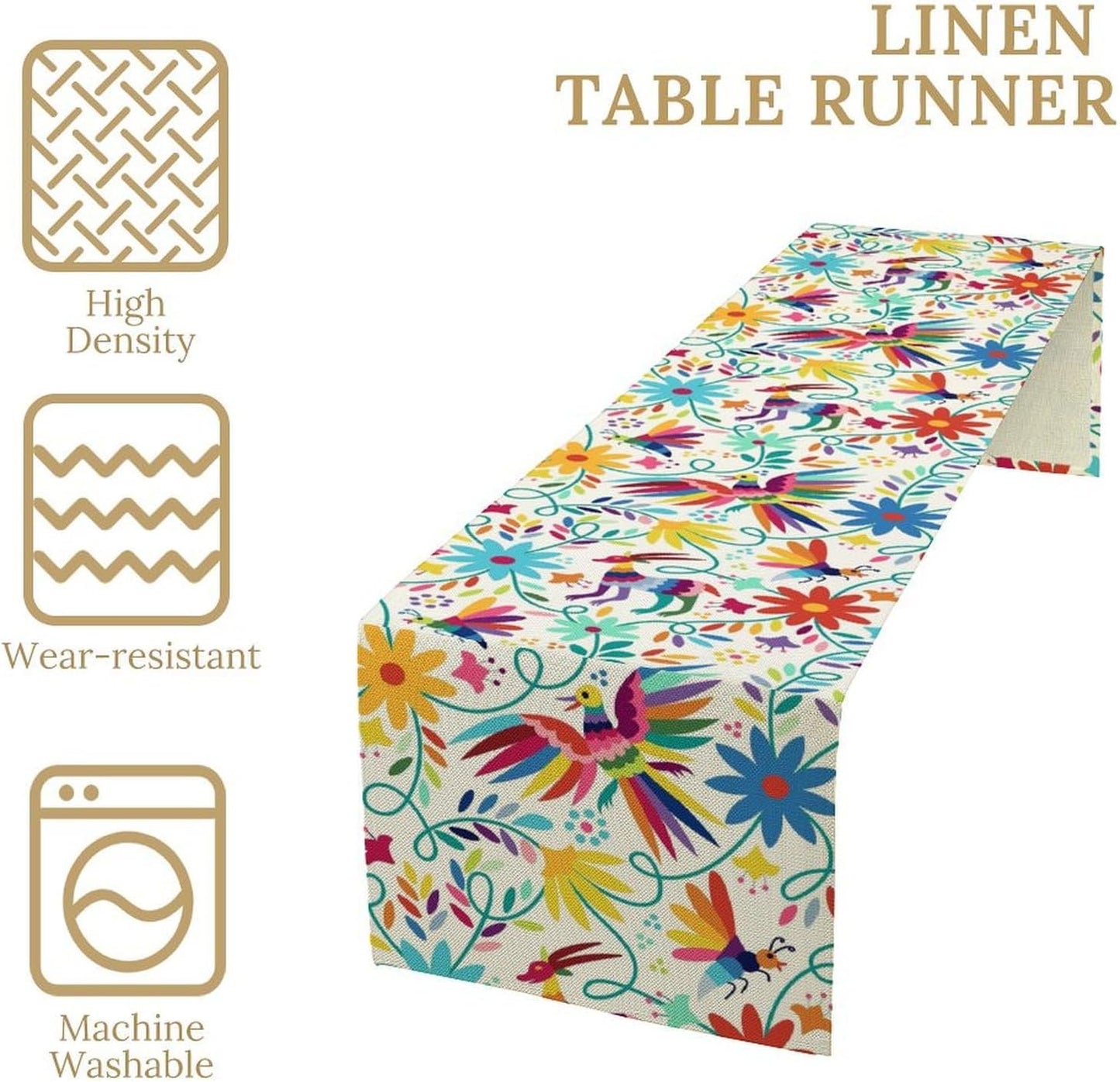 Mexican Table Runner,Boho Colorful Nature Inspired Flowers and Birds Table Cloth Kitchen Dining Table Home Party Decoration 13x90 Inch