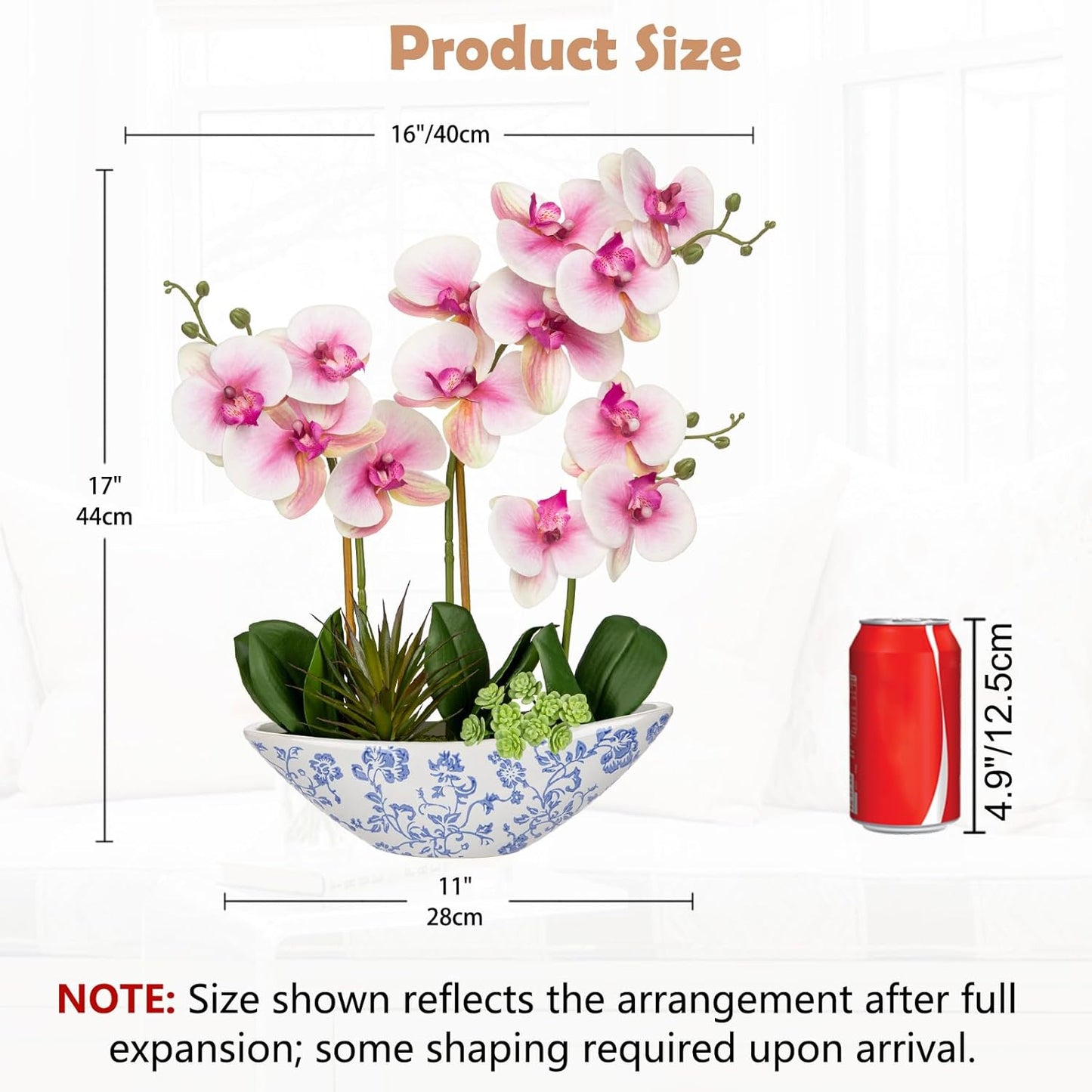 Briful Pink Orchid Fake Flowers 17in Artificial Orchid Silk Flowers in Blue and White Ceramic Vase Faux Orchid Arrangement for Elegant Home Office Room Dining Table Centerpiece Shelf Modern Decor
