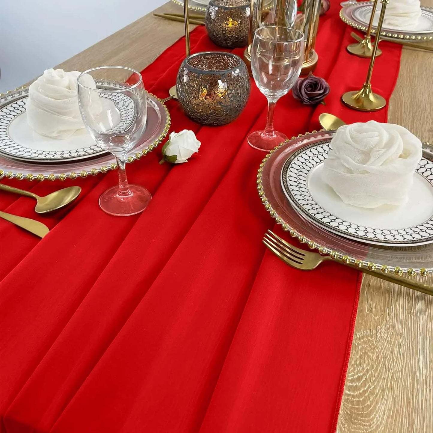 EHLDekol Chiffon Table Runners Romantic Sheer Wedding Table Runner Top Table Bridal Party Decoration (Red, 10ft, 10Pack)