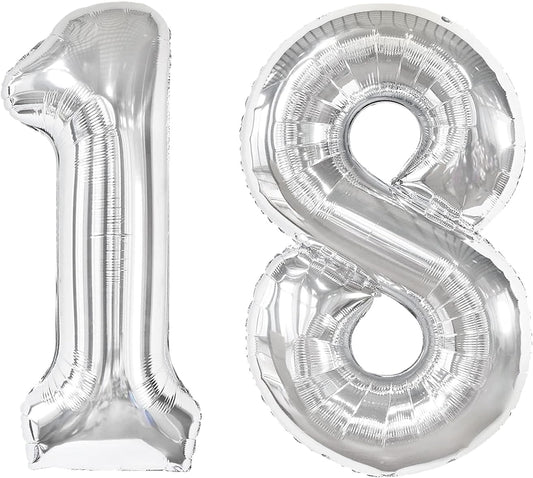 Silver Foil Number 18 Balloon 40 Inch, Helium Mylar Eight Number 18 81 Birthday Balloons, 18th Silver Women Men Wedding Anniversary, Graduations Party Supplies