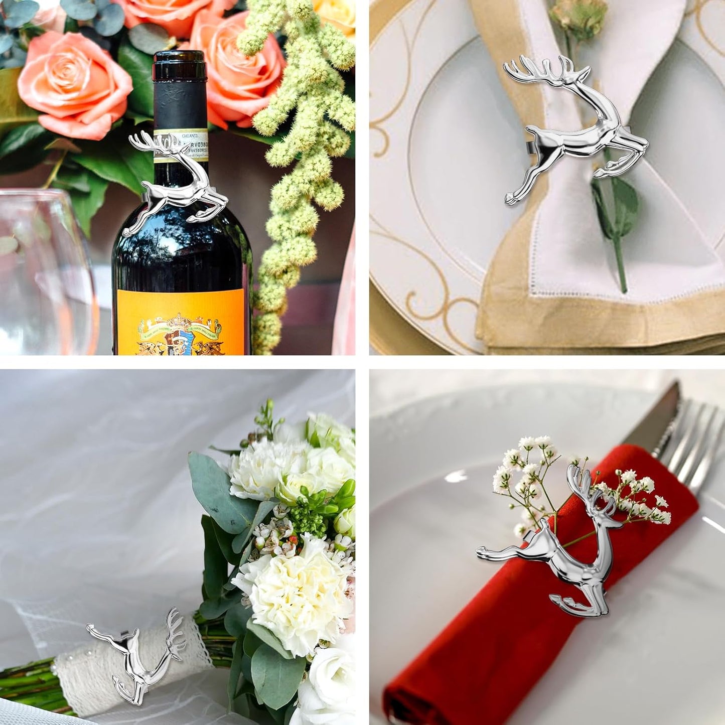 ZeeDix Silver Reindeer Christmas Napkin Rings Set of 6, Napkin Holder Ring for Christmas Dinner Table Decor Cloth Napkins, Wedding Receptions, Holiday Party, Banquet and Home Kitchen