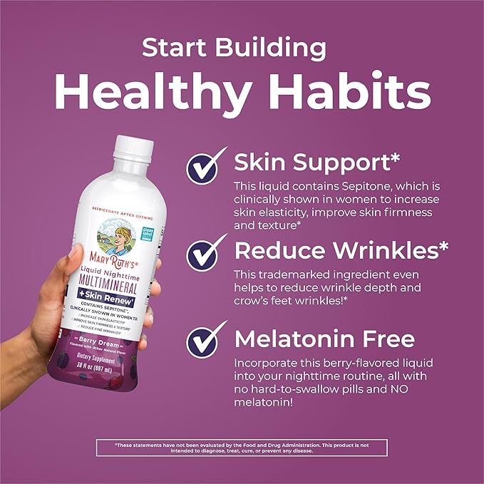 MaryRuth's Liquid Nighttime Liquid Multimineral + Skin Renew | Clinically Shown in Women to Reduce Fine Wrinkle & Improve Skin Firmness | Sepitone | NO Melatonin | Magnesium | Vegan | 30 Servings