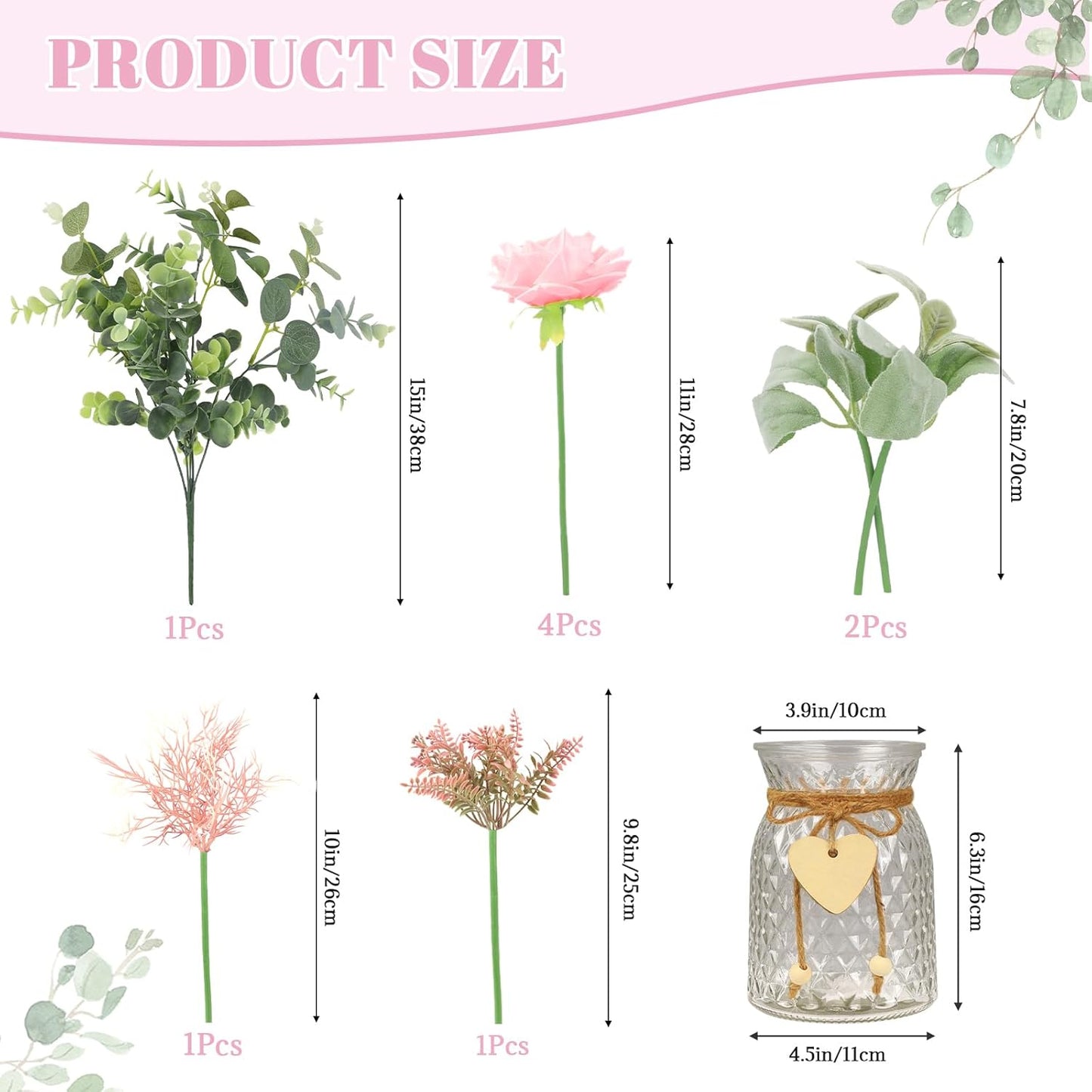 HOHOTIME Artificial Flowers in Vase, Faux Silk Pink Roses Table Centerpiece Decoration, Fake Flowers for Home Bedroom Study Room Decor with Glass Vase