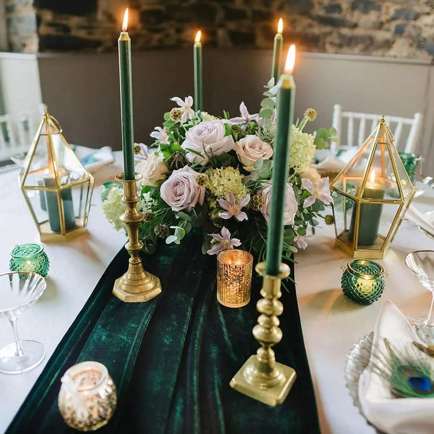 Luxurious Velvet Table Runner, 10ft Wedding Reception Decorations, 20x120inch Soft Velvet Fabric, Table Linen Overlay, Wedding Table Runners (Emerald Green, 20X120inch, 2pack)