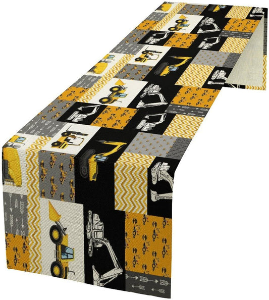Excavator Table Runner,Boys Kids Construction Vehicles Equipment Trucks Cartoon Car Tablecloth Burlap for Hotel Indoors Outdoor Dining Room Kitchen Holiday Party, 13x108in