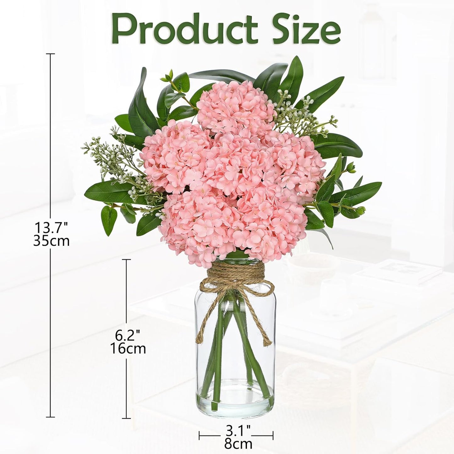 Hollyone Pink Hydrangea Artificial Flowers in Clear Glass Vase with Faux Water Silk Hydrangeas Fake Flowers Floral Arrangement for Home Bathroom Kitchen Office Table Centerpiece Shelf Decorations