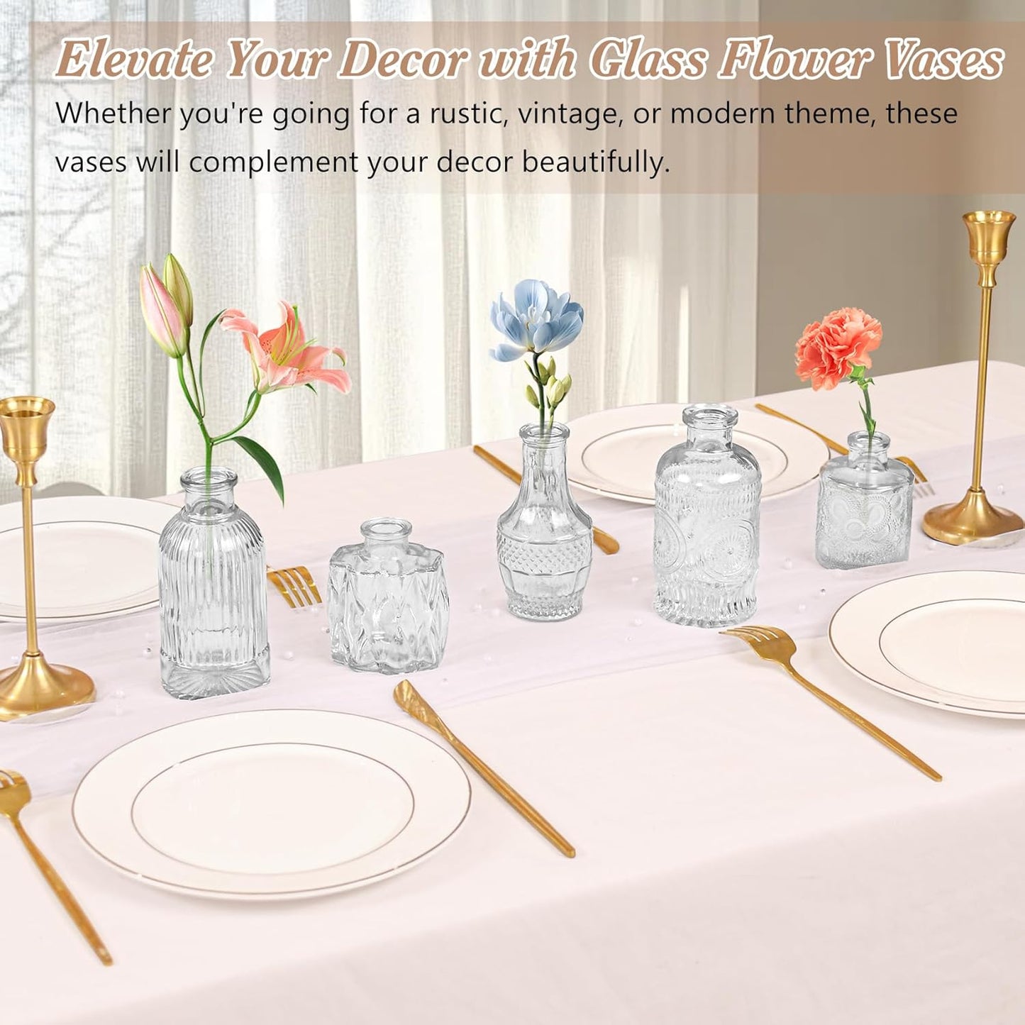 Set of 40 Glass Bud Vases, Small Clear Glass Vases in Bulk, Mini Vintage Embossed Flower Vase for Wedding, Centerpieces, Birthday Party, Baby Shower, Home Table Decorations (Clear)