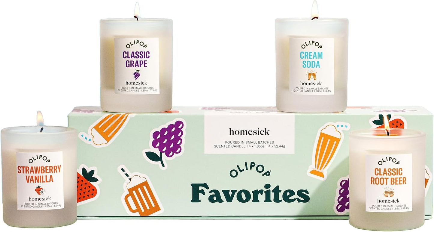 Homesick – Olipop Candle Variety 4-Pack – 1.85 oz Each Premium Scented Candles with Organic Cotton Wick, Natural Soy Wax Candle in Reusable Glass Jars, Wedding & Engagement Gifts for Couples