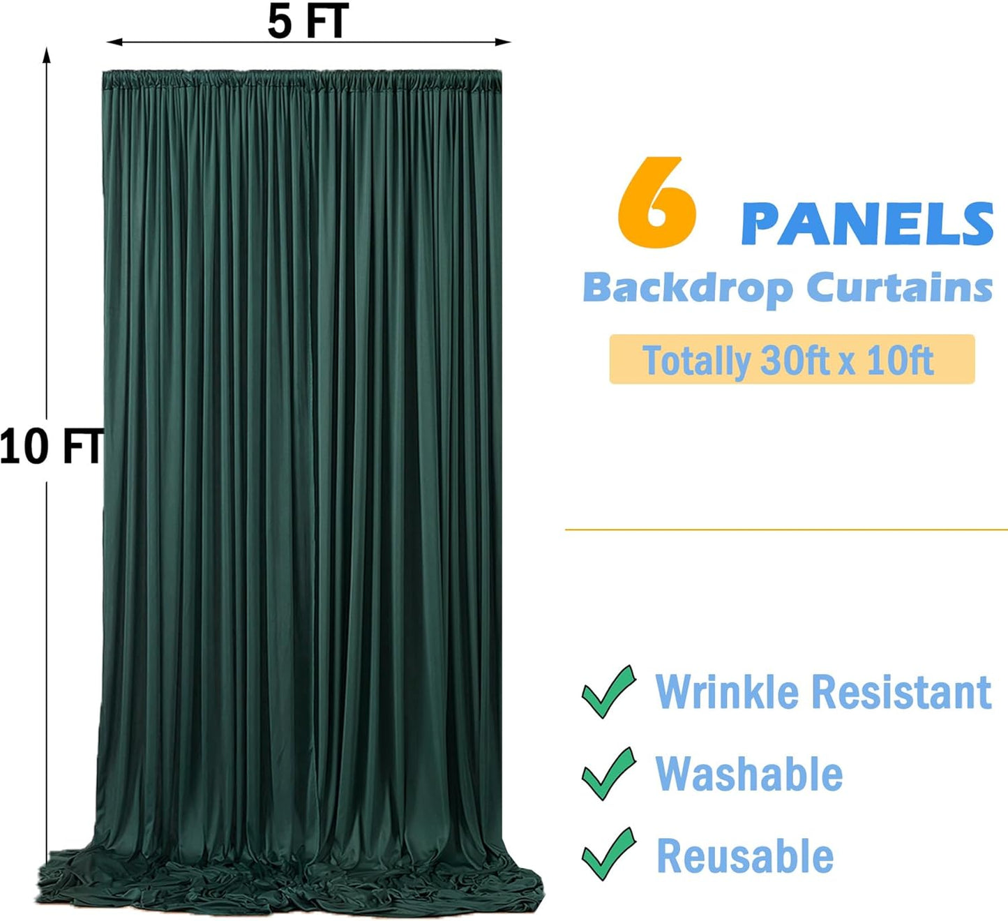 30ftx10ft Wrinkle Free Hunter Green Backdrop Curtains for Party Background, 6 Panles Silky Green Photo Backdrop Drapes Back Drop Cloth for Wedding Birthday Photography Baby Shower Decor
