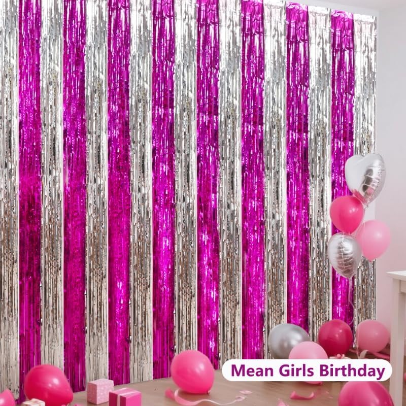 BEISHIDA Hot Pink Silver Door Streamers Backdrop Foil Fringe Tinsel Party Streamers Curtains Photo Backdrop - 2Pcs for Birthday Graduation Bachelorette Party Decoations