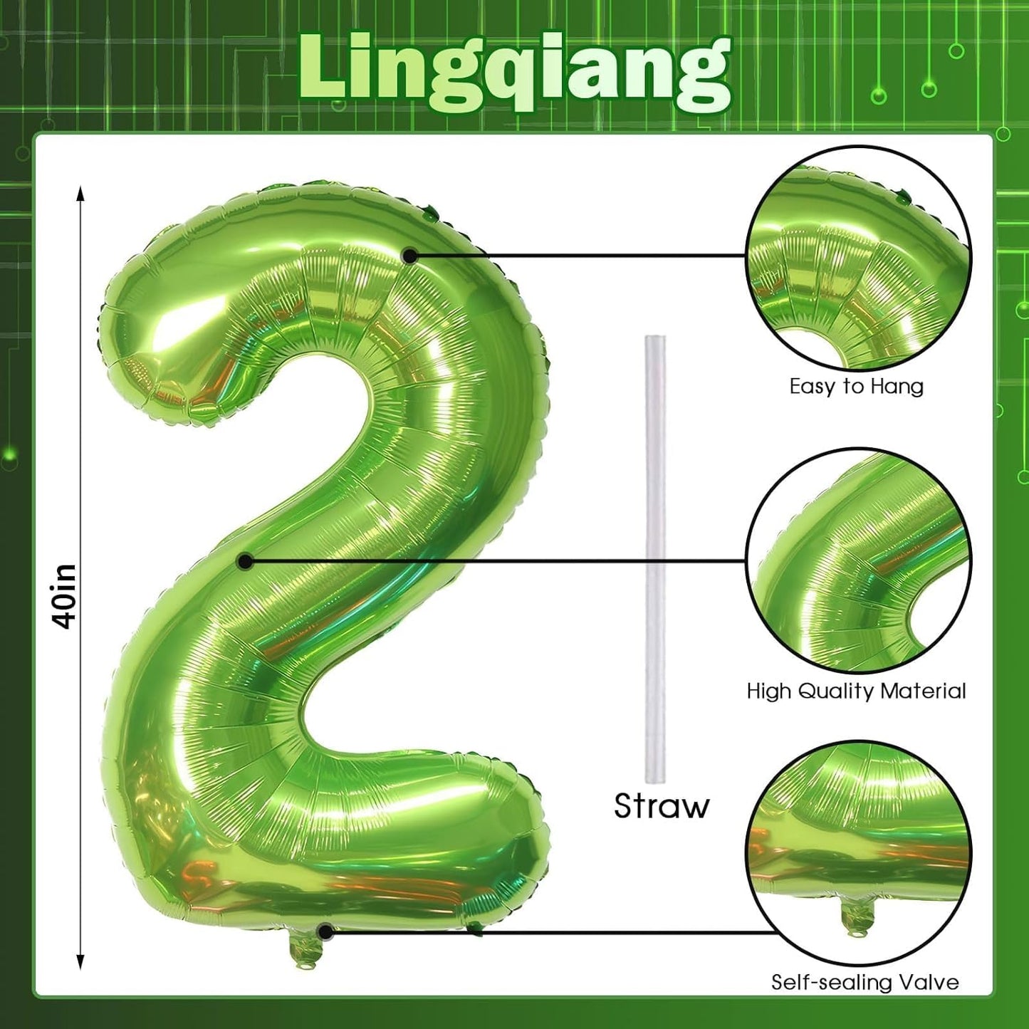 Green 2 Balloons, 40 Inch Giant Helium Foil Number 0-9 Green Birthday Balloon for Boys Girls, Self Inflating Digit 2 Balloons for Women Men Anniversary Jungle Football Party Decorations Supplies