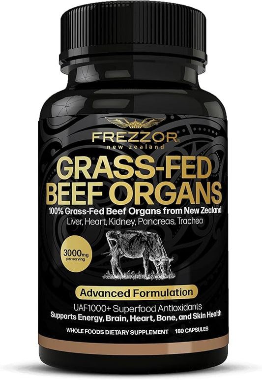 FREZZOR New Zealand 100% Live-Grass-Fed Beef Organs Complex, Supports Whole Body Wellness and Energy with Proprietary Blend of Liver, Heart, Kidney, Pancreas & Trachea, Non-GMO, 3000mg, 180 Capsules