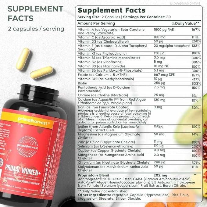 Primal Harvest Women+, Woman's Multivitamin Vitamin A, Vitamin C, Vitamin D and E, Vitamin B12, B6, Biotin, Zinc Supplements,1 Pack 60 Capsules