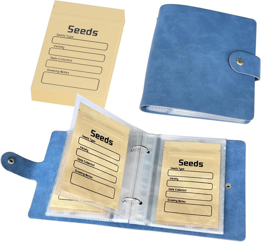 coutnier Seed Organizer Binder with 50 PCS Resealable Seed Envelopes - 50 Storage Pockets, 3.5x5 Inch Clear Sleeves, Seed Saver for Garden Lover - Blue