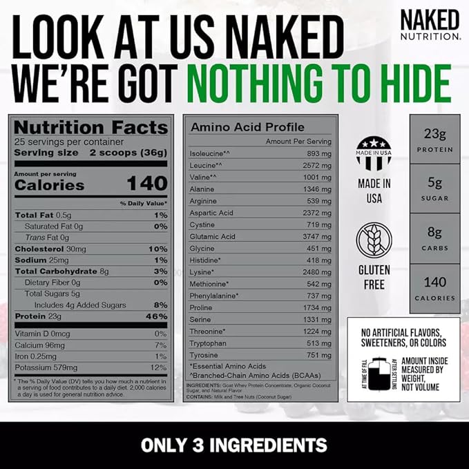 NAKED Goat Vanilla Protein Powder - Pasture Fed Goat Whey Protein Powder from Small-Herd Dairies - Only 3 Ingredients - GMO Free, Soy Free - All Natural - 23 Grams of Protein - 25 Servings