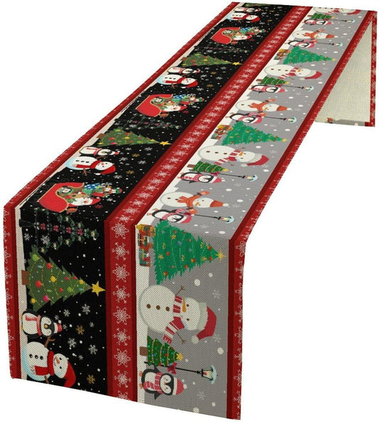 Christmas Table Runner,Cartoon Snowman Tree Xmas Deer Elk Santa Claus Print Tablecloth Burlap for Hotel Indoors Outdoor Dining Room Kitchen Home Decor,W13X L80 in