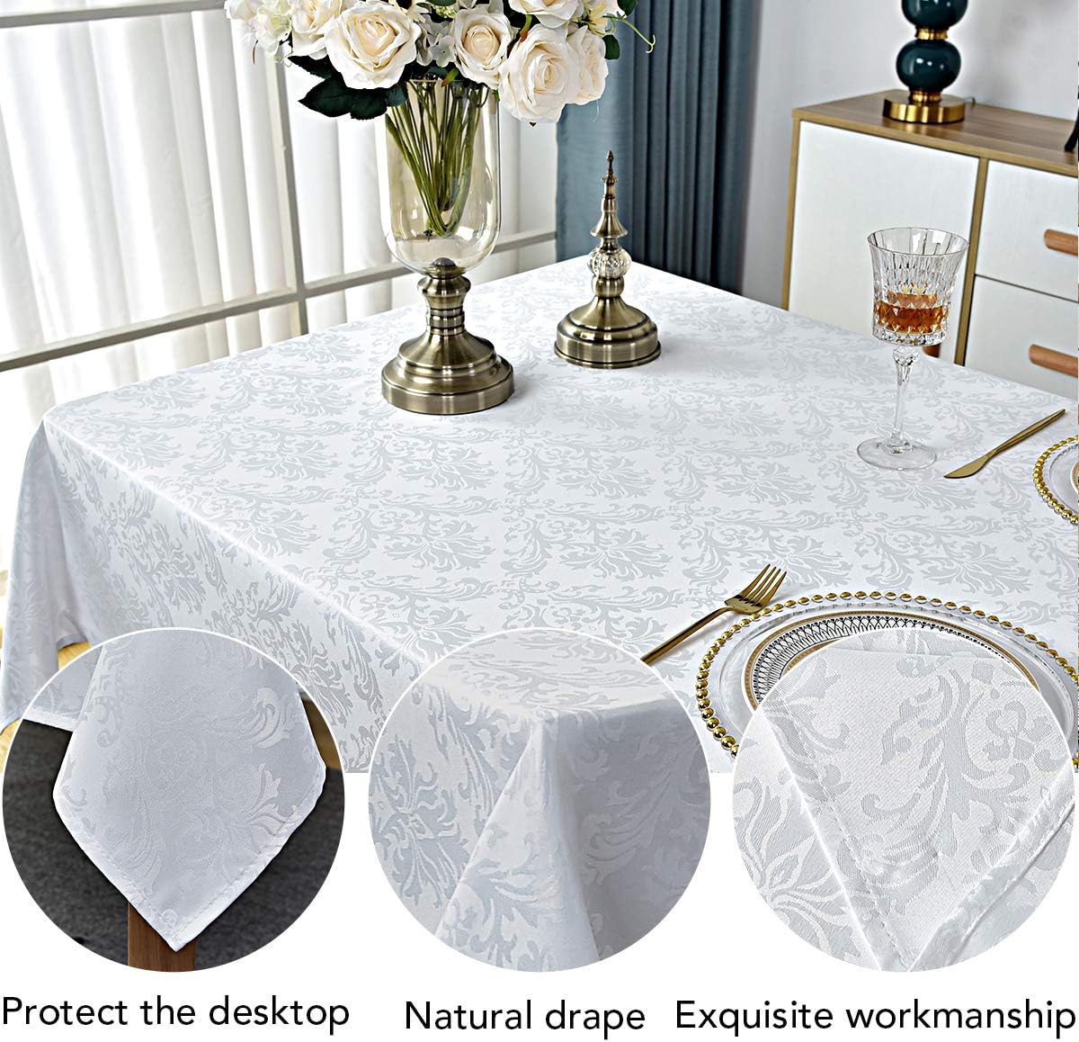 Rectangle Table Cloth - 60 x 102 Inch White Jacquard Tablecloths Damask Design Spillproof Wrinkle Resistant Shrinkproof Soft Tablecloth Polyester Oblong Table Cover for Kitchen Dinning Party Tabletop