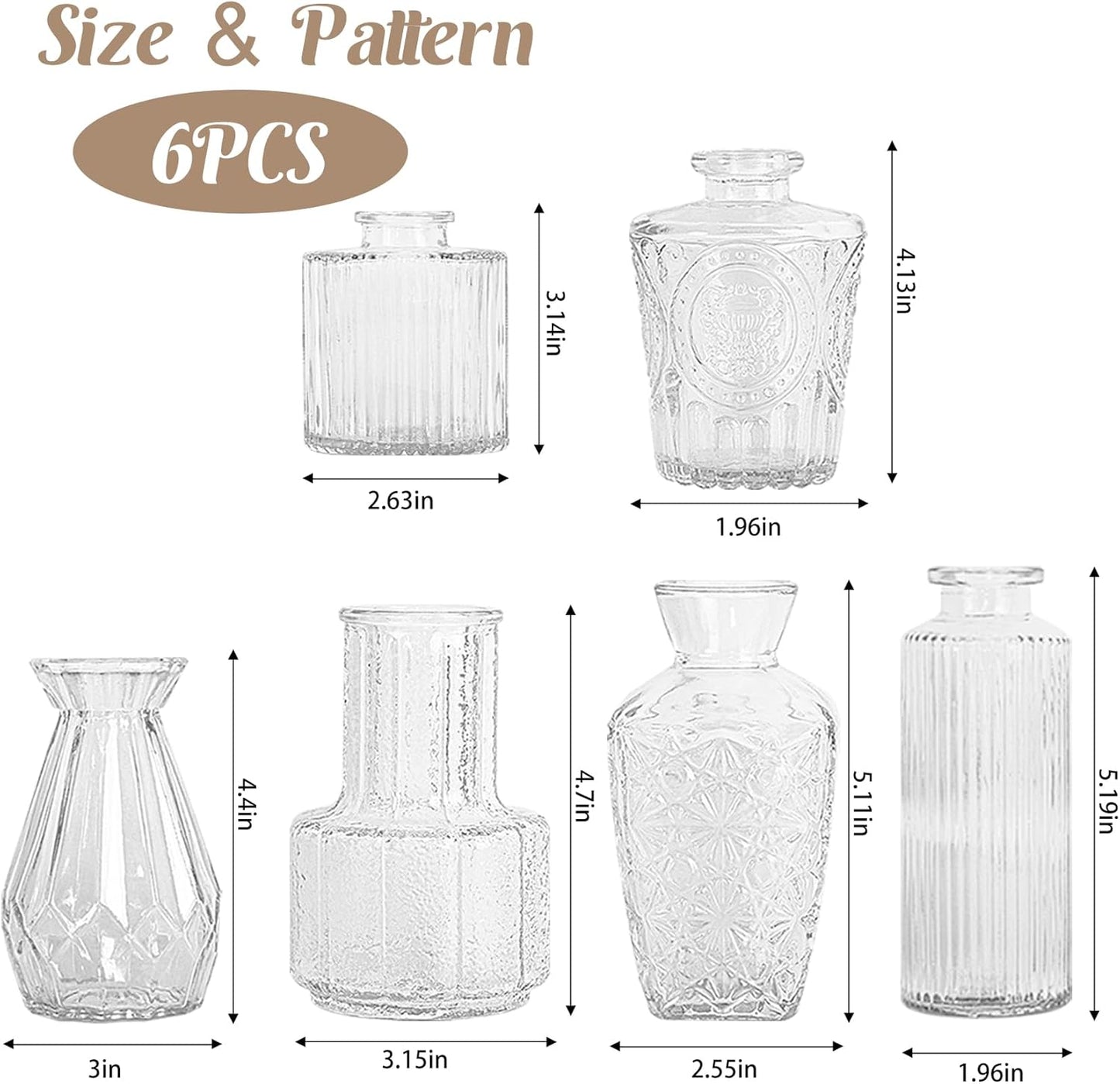 6Pcs Glass Bud Vase Set,Small Flower Vase for Tables Centerpieces Decor, Mini Vintage Clear Vase for Home,Wedding,Party Decorations（6 Pcs，Clear）