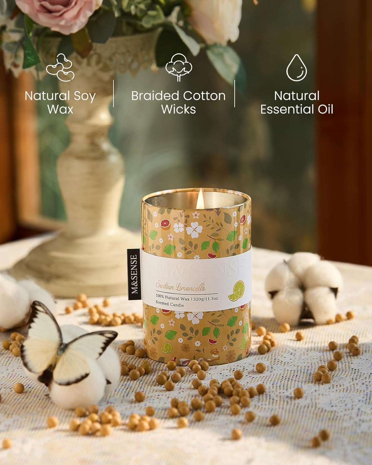 M&SENSE Sicilian Limoncello Scented Candle, Lemon Candle 11.3oz,Summer Soy Wax for Home Scented, Floral Candles Gift for Spring Holiday, Up to 70 Hours Burning Long-Lasting Fragrance