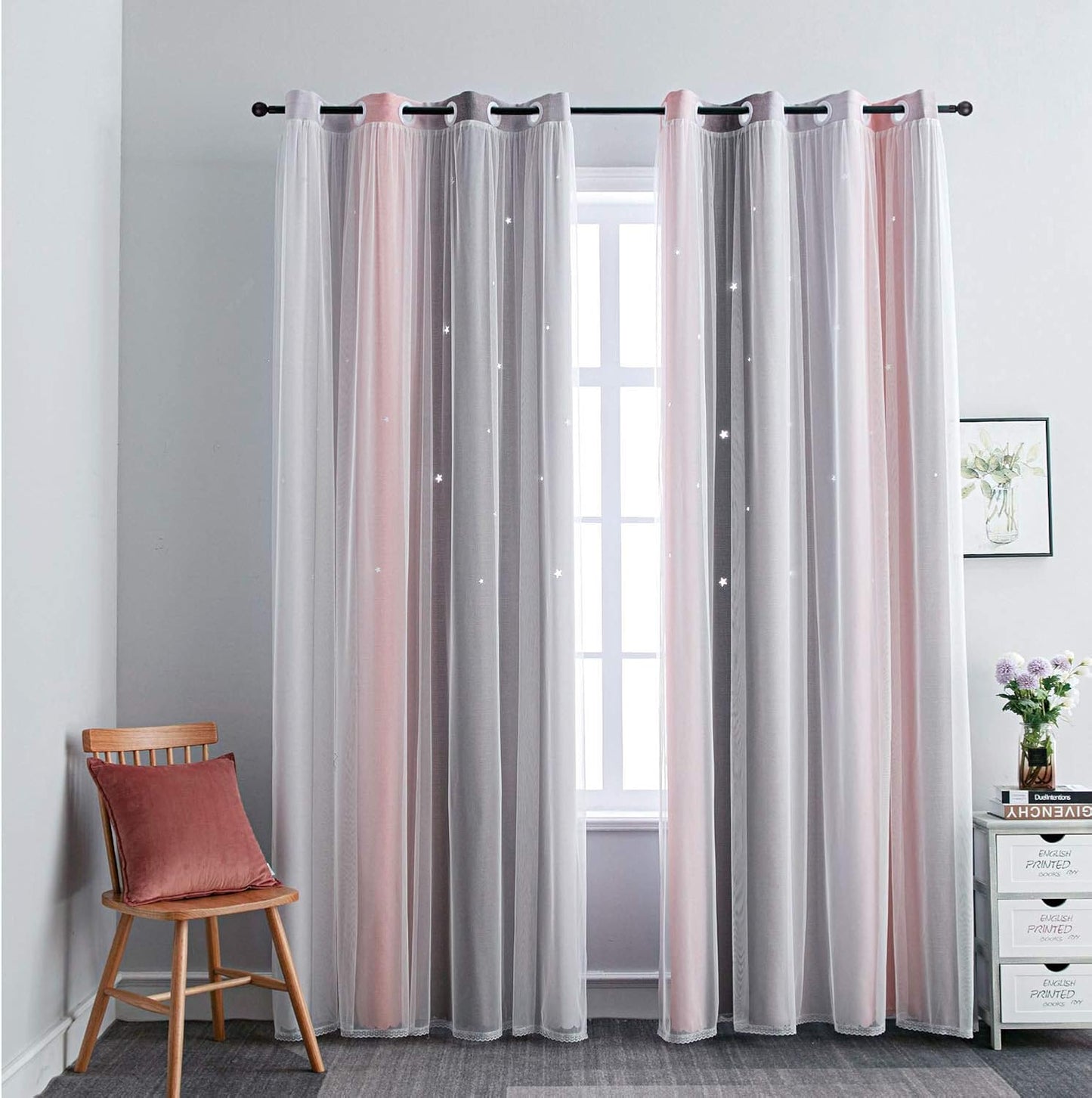 FANLI Ombre Rainbow Blackout Curtains for Kid Girls Bedroom Living Room Darking Stripe Double Layer Star Cut Out Wall Home Decor Gradient Grommet Window Curtains (Pink/Grey, 52W x 84L)