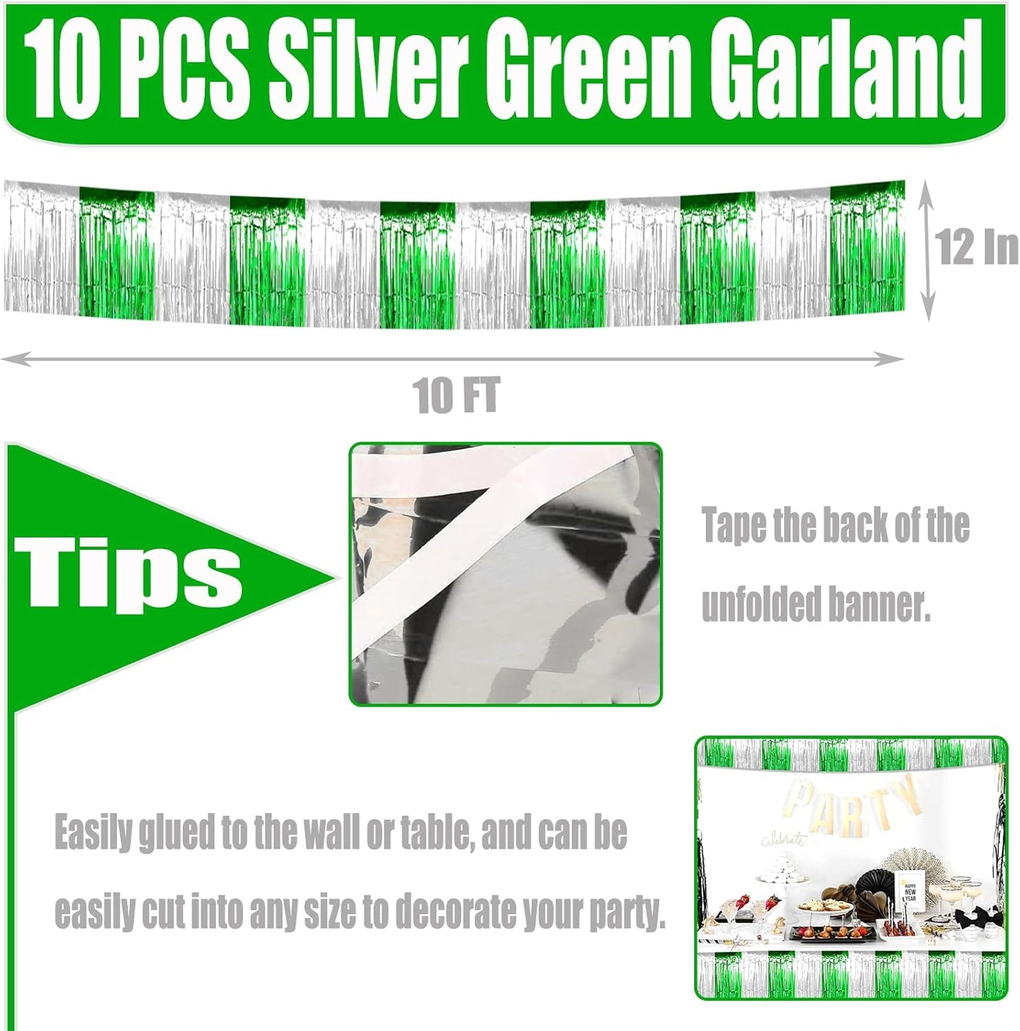 10 Pack 10 Feet Foil Fringe Garland Metallic Tinsel Streamers Banner Wall Hanging Backdrop for Parade Floats, Bachelorette, Wedding, Birthday, Mardi Gras St Patrick Day Party Decorations(Silver Green)