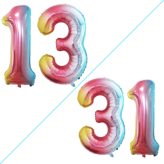 GOER Number 13 Balloons for 13th Birthday Sweet 13 Party Decorations,42 Inch Jumbo Foil Helium 31 Balloons for 31st Birthday Party Decoration (Rainbow)