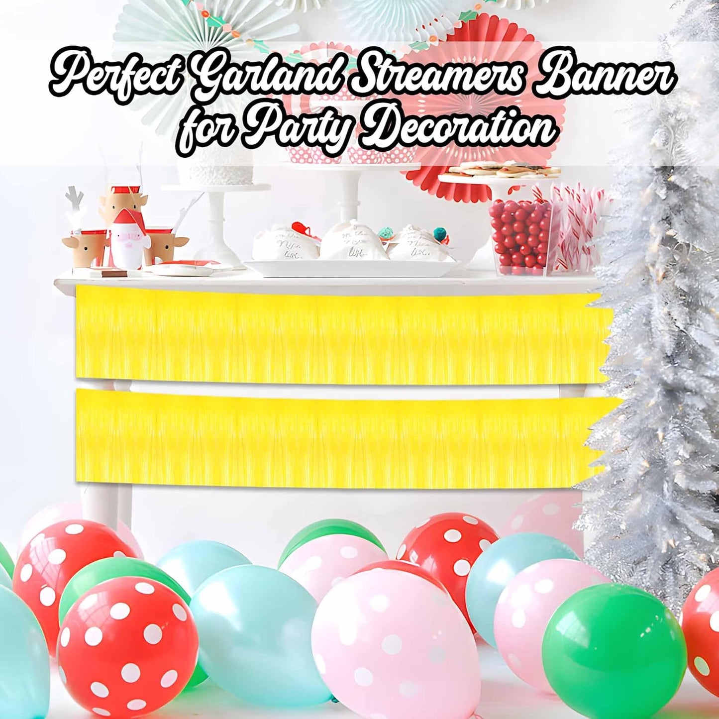 4 Pack 10 Ft Macaron Yellow Foil Fringe Garland Metallic Streamers Tinsel Banner Wall Hanging Garland Backdrop for Parade Floats, Halloween, Christmas, Thanksgiving, New Year Party Decorations