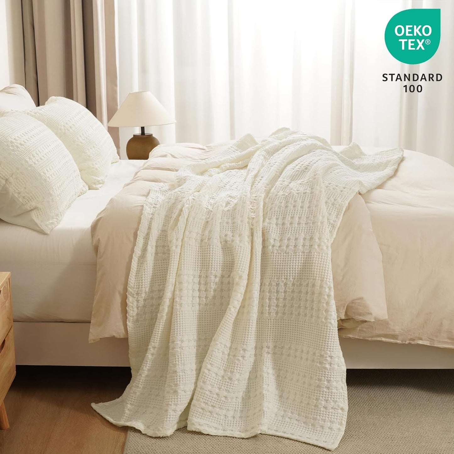 PHF 100% Cotton Waffle Weave Throw Blanket, Soft Lightweight Breathable Cozy Throws for Couch Bed Sofa, Luxury Aesthetic Woven Blanket for Home Decor & Office, 50"x60", Cannoli Cream