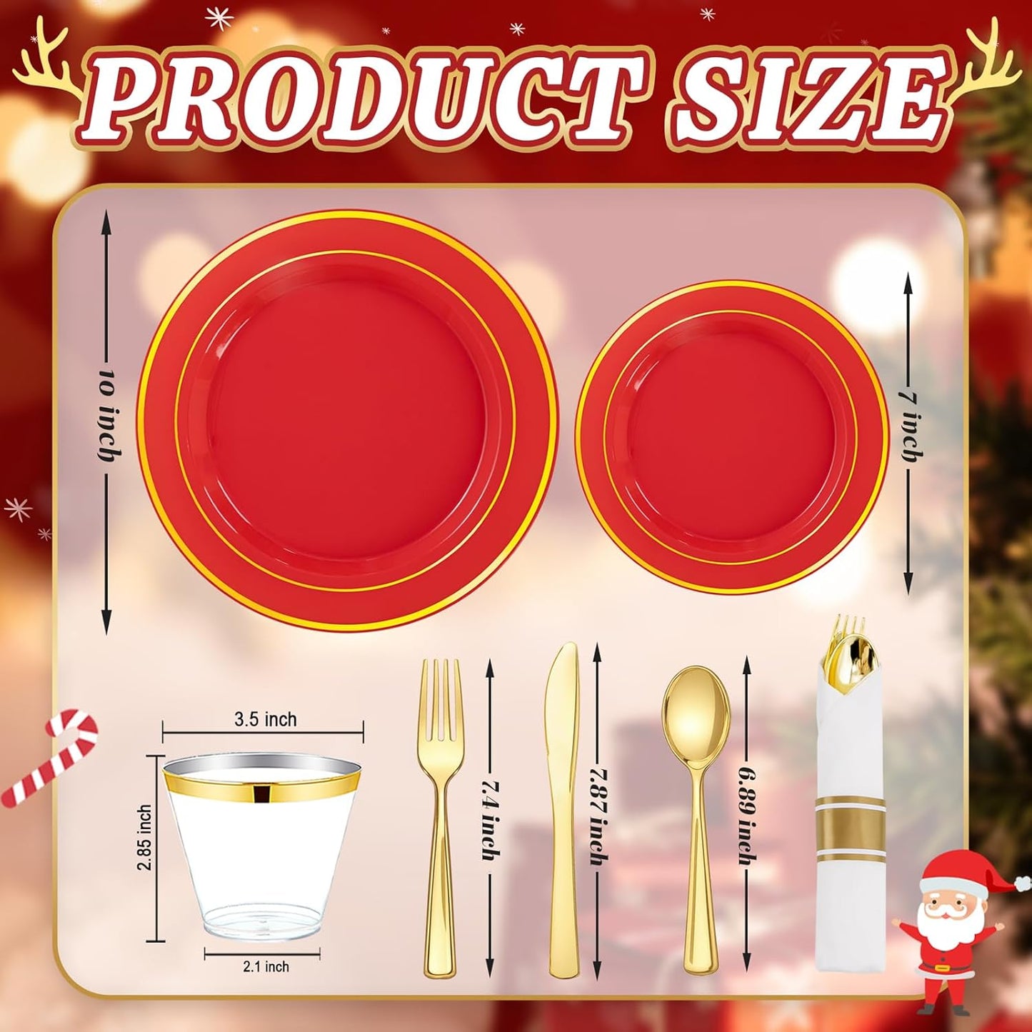 175 Pieces Christmas Plastic Plates - Red Plastic Plates with Gold Rim Include 25 Dinner Plate 10”, 25 Dessert Plate 7”, 25 gold Cups 9 OZ, 25 Pre Rolled Napkins for Christmas/Party