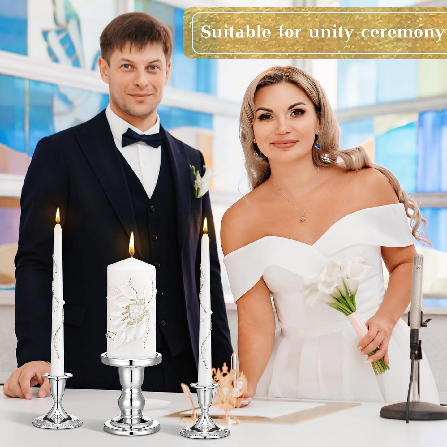 Irenare Unity Candles with Holder for Wedding Ceremony Wedding Decortions Accessories Glass Candle Holder Pillar Candle for Formal Events Church(Silver)