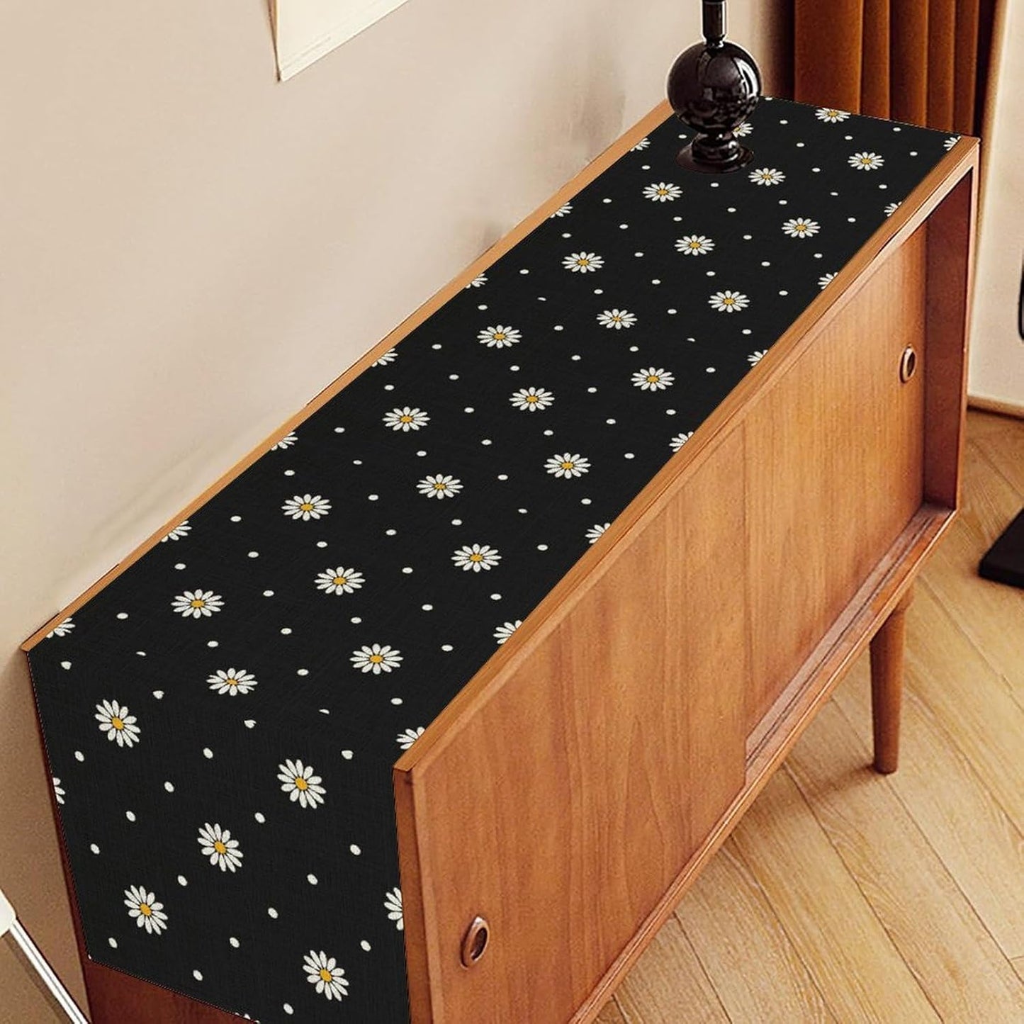 Daisy Floral Table Runner, Rustic Seasonal Spring Wild Flower Rustic Blue Wood Farmhouse Table Center Decor for Home Kitchen Dining Patio Holiday Party Indoor Outdoor Table Decorations, 13"x90" Inch