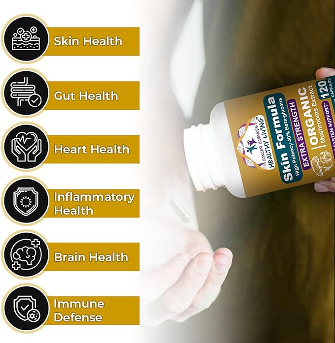 Cancer Sciences Skin Wellness Supplement, USDA Certified Organic Extract Mushrooms Supplement, Extra Strength 1,500 mg, High Potency 40% Beta-Glucans, Immune Support, Glowing Complexion, 120 Capsules