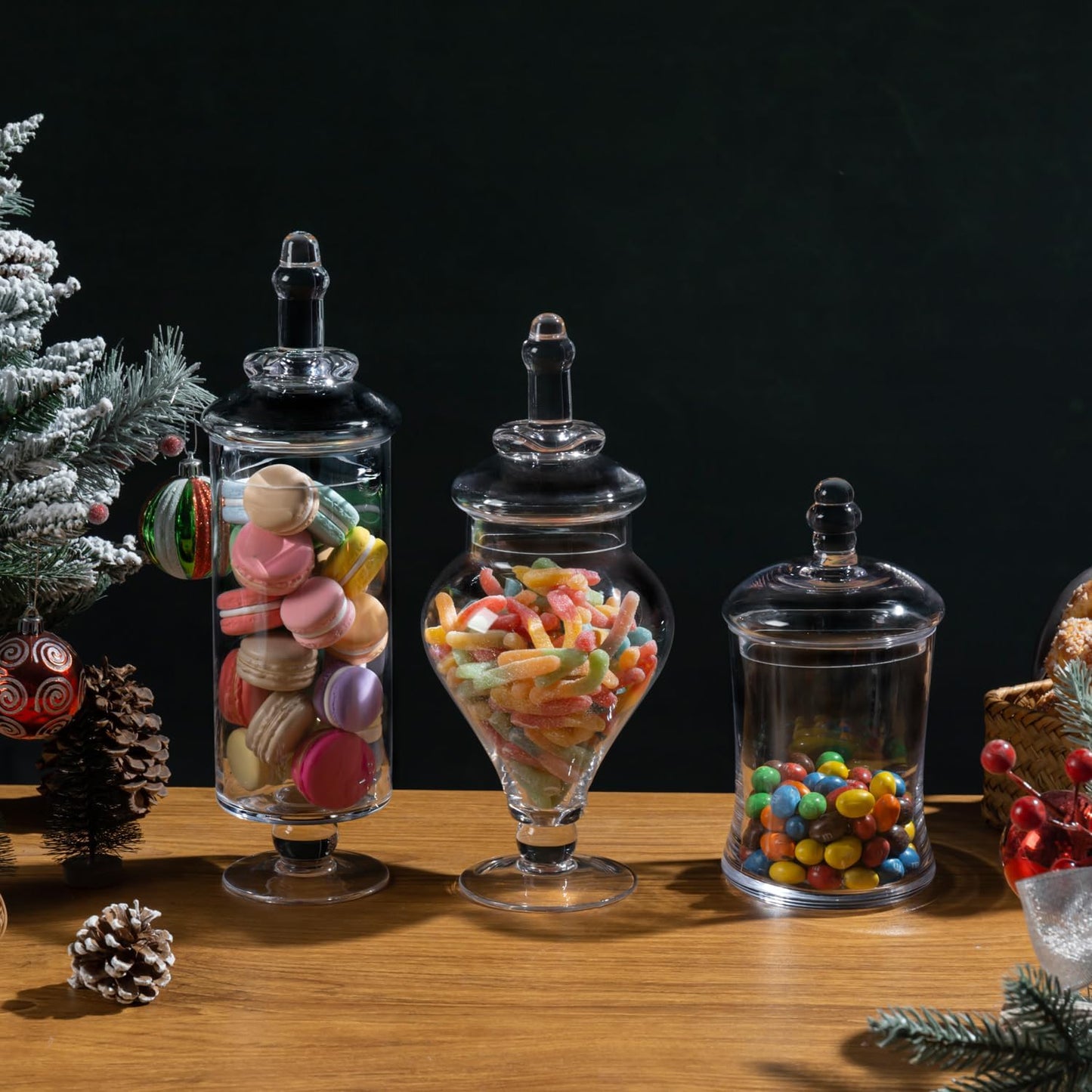 MyGift Clear Glass Apothecary Jars with Lid, Decorative Footed Vase, Candy Buffet Containers Set of 3