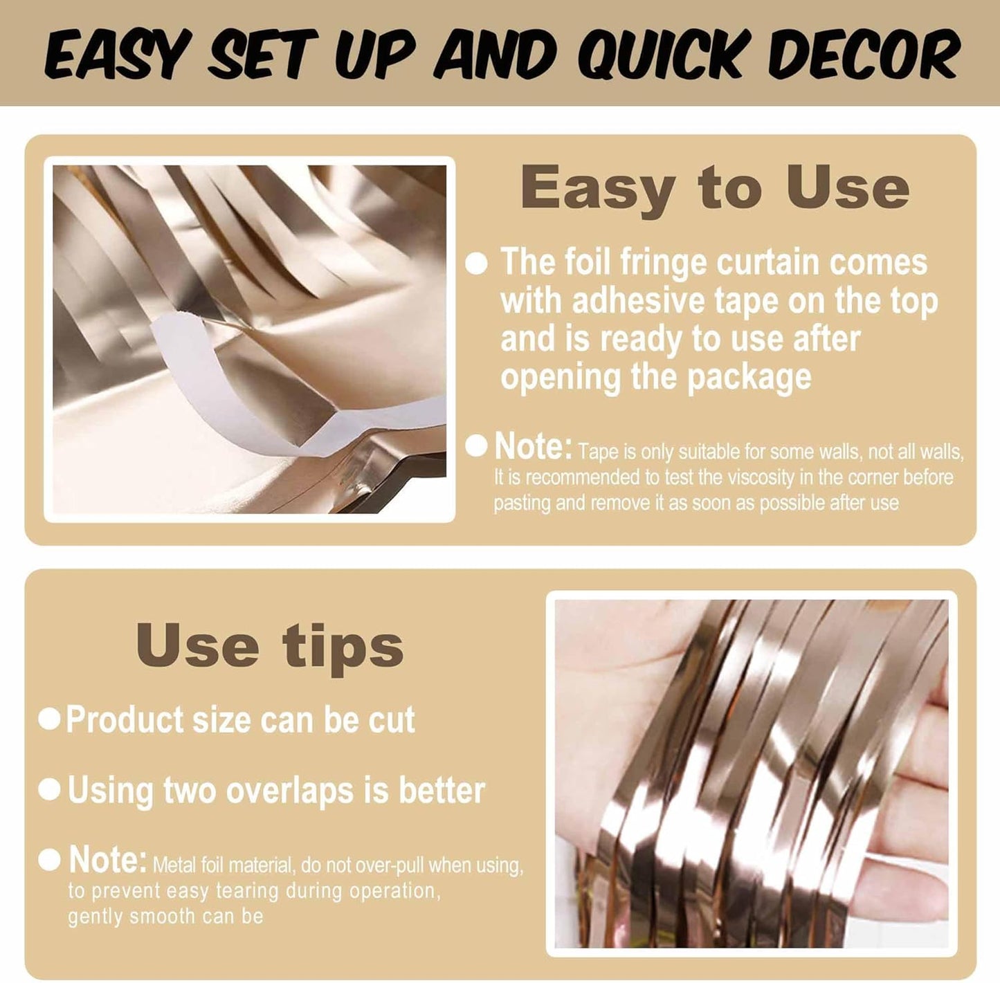 3 Pack Champagne Gold Foil Fringe Curtains Backdrop, 3.28 x 9.8 Ft Metallic Streamers Tinsel Curtains Background for Photo Booth, Birthday, Halloween, Christmas, New Year Party Decorations