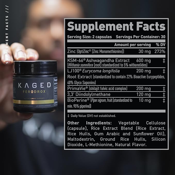 Kaged Test Capsules | Unflavored | Testosterone Booster Ferodrox | Premium Hormone Managment | LJ100 Tongkat Ali KSM-66 Ashwagandha Shilajit | Supplements for Men & Women | 60 Servings