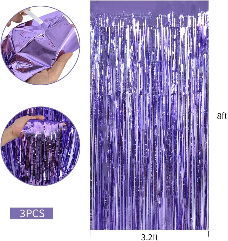 TONIFUL 3Pcs Light Purple Door Streamers Purple Photo Booth Backdrop Metallic Streamers Foil Fringe Curtains for Birthday,Christmas,New Year,Bachelorette,Grad Party Streamers Decor(9.9ft x 6.6ft)